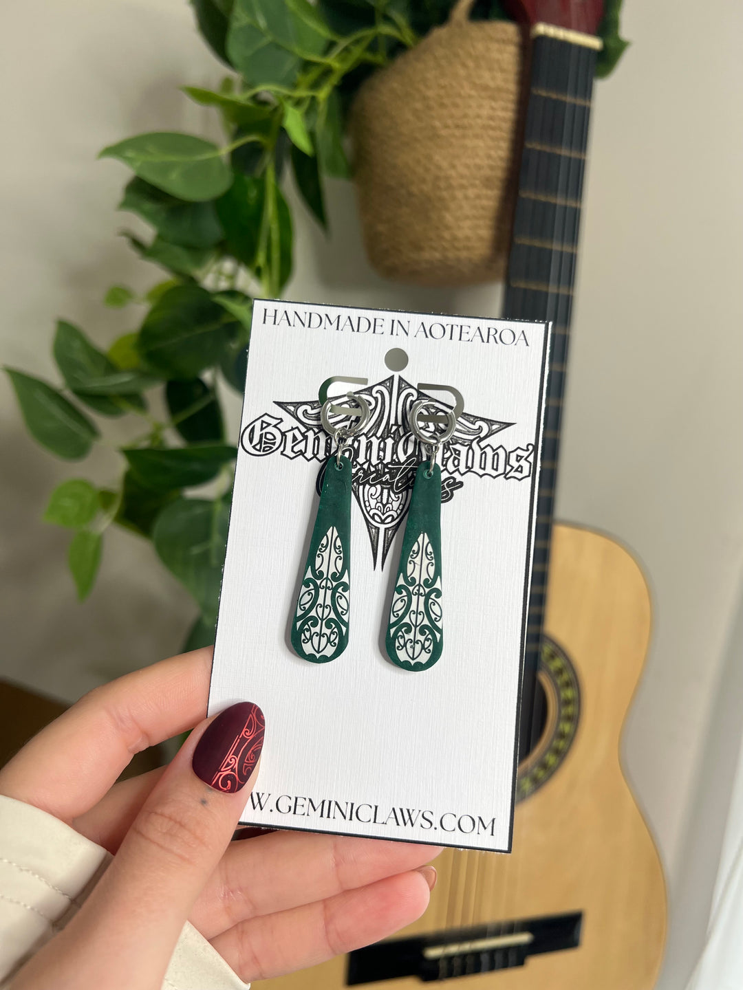 Matte Emerald Petite Te Pō Roimata Huggie Earrings – Brushed Silver Design with Silver Finishings