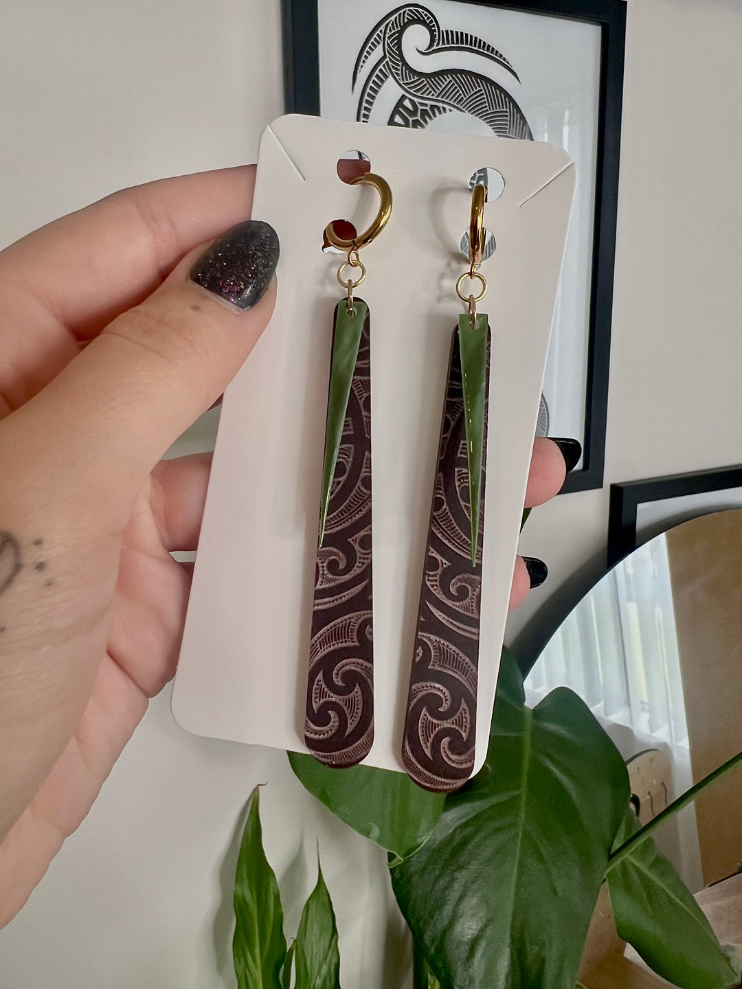 He Timatanga Hou | Layered Pounamu Charm | Brown Base | Roimata iti | Long Earrings