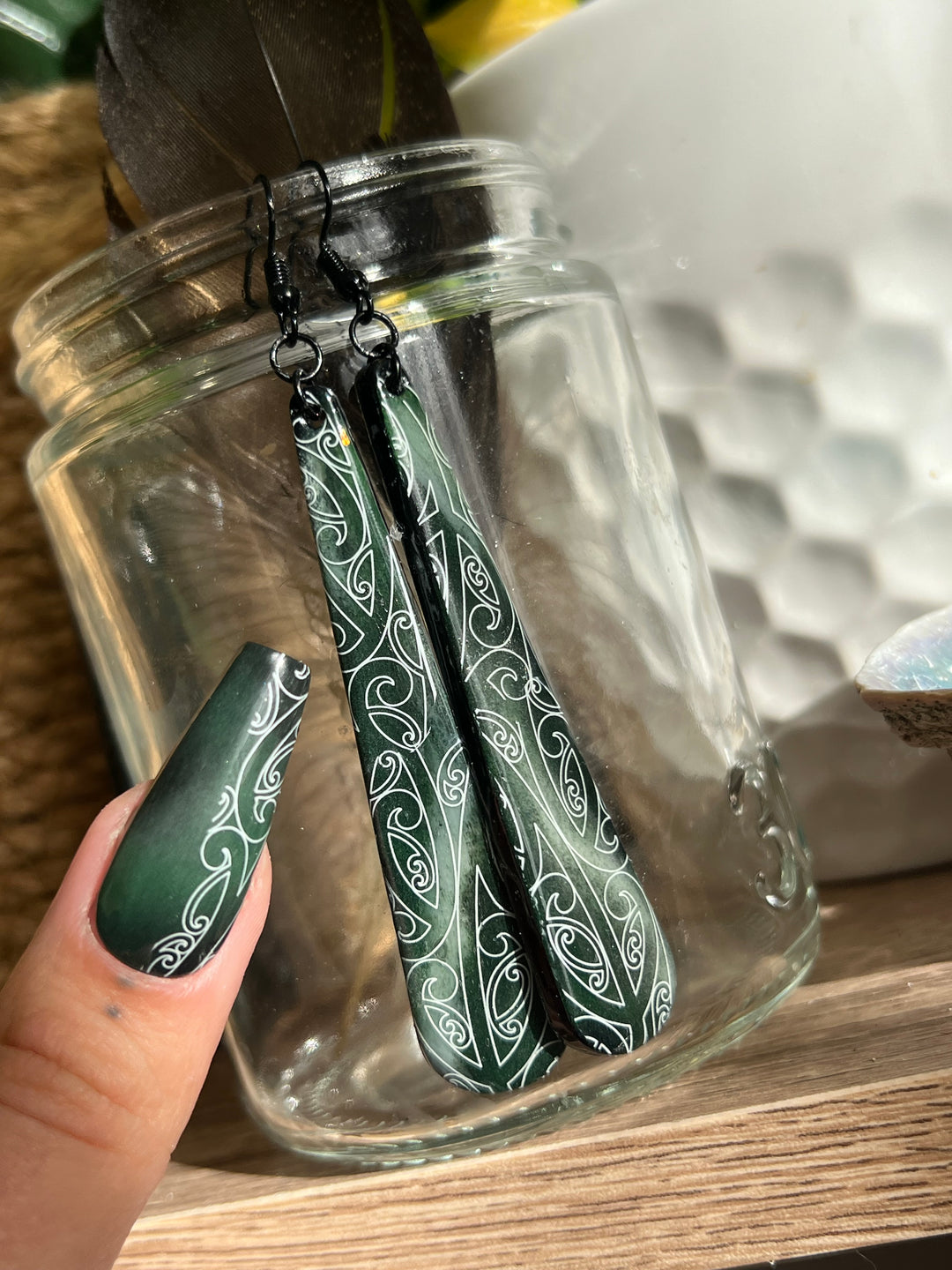 Hand painted Pounamu | Earrings | Whanaungatanga Māori design white