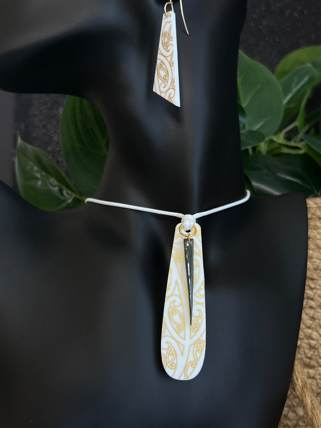 White Base| Gold Maori Designs | Layered Pounamu Charm (handpainted)Necklace & Earrings Set