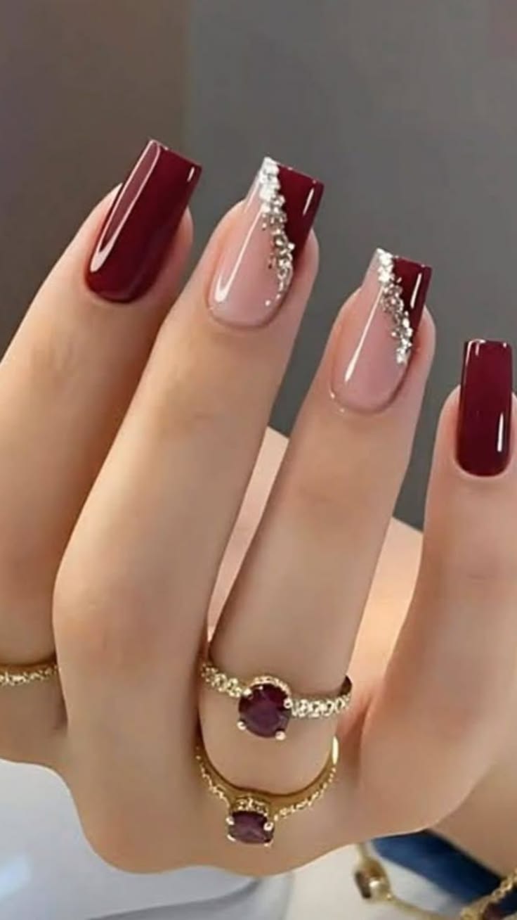 Custom order - red nails with half French tip and silver glitter