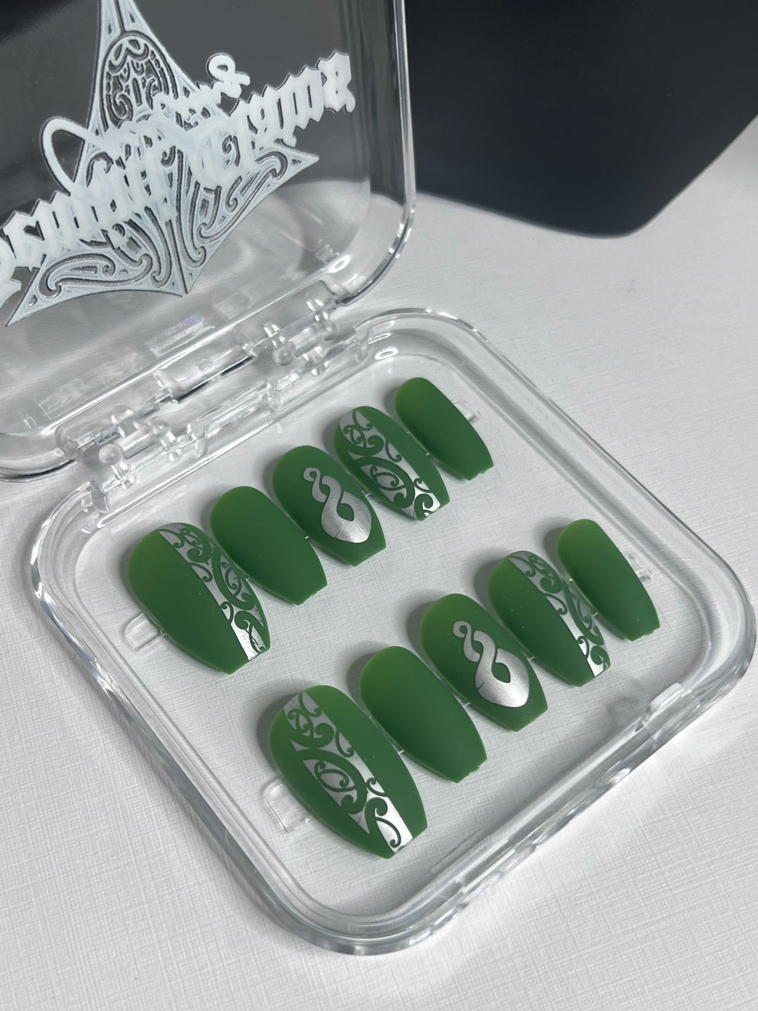 Short Coffin Green & Silver Nails