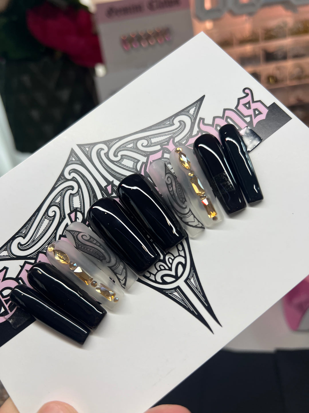 Thermal Colour Change (Black Gold &amp; Milky Matte | Nail Sizes 2,7,6,6,9 M/L| Long Square Shape