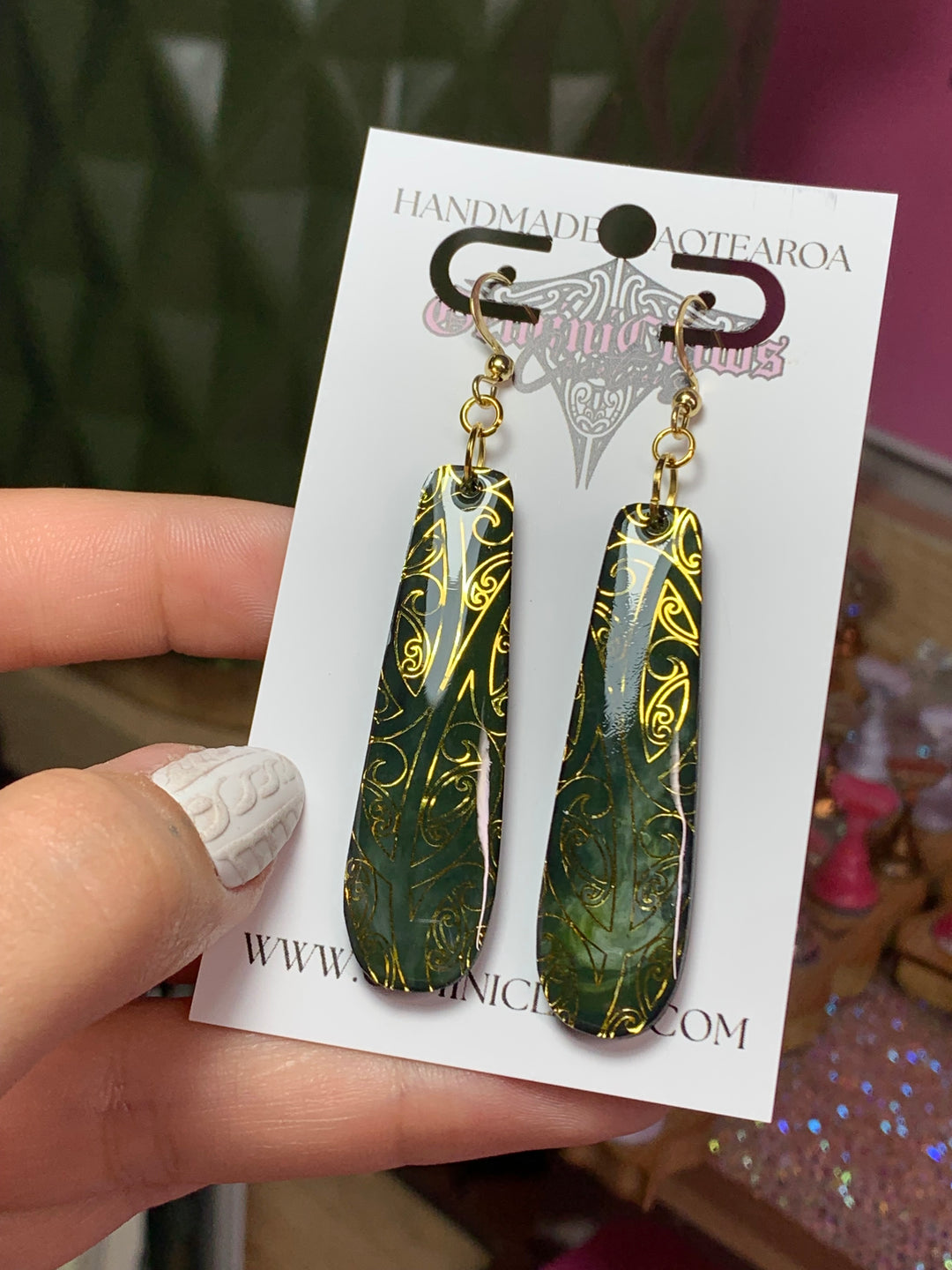 Faux Pounamu (Hand-painted) Medium Length Earrings with Gold Anamata Designs