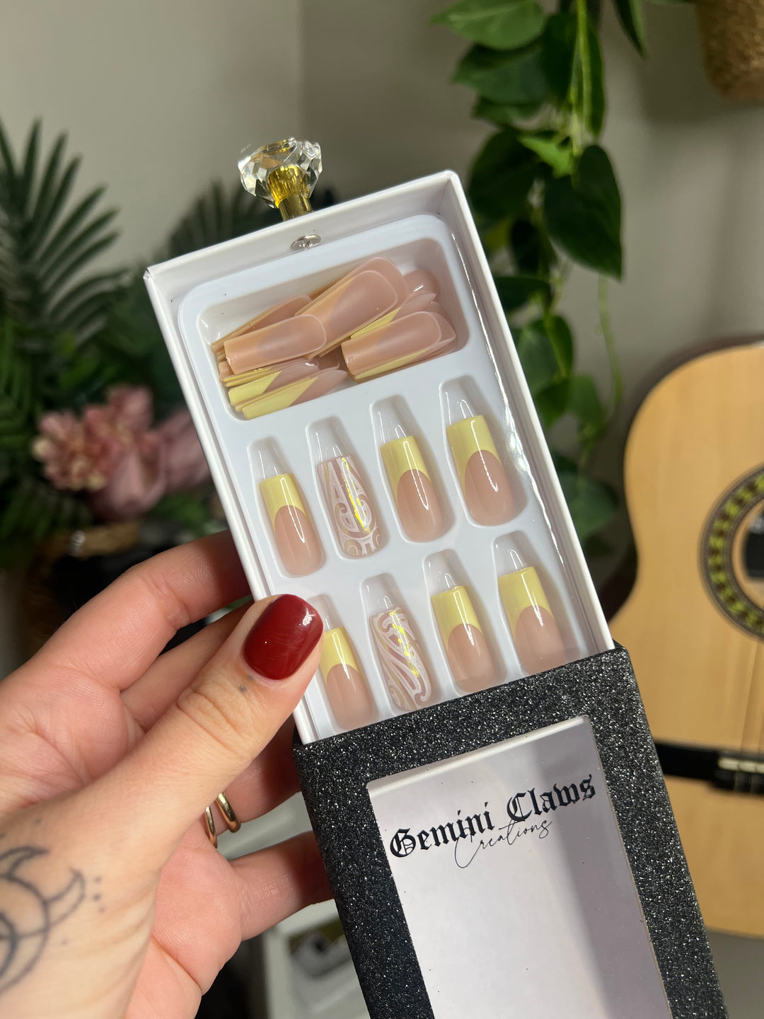 Yellow French Tips, Chrome & White Māori Designs