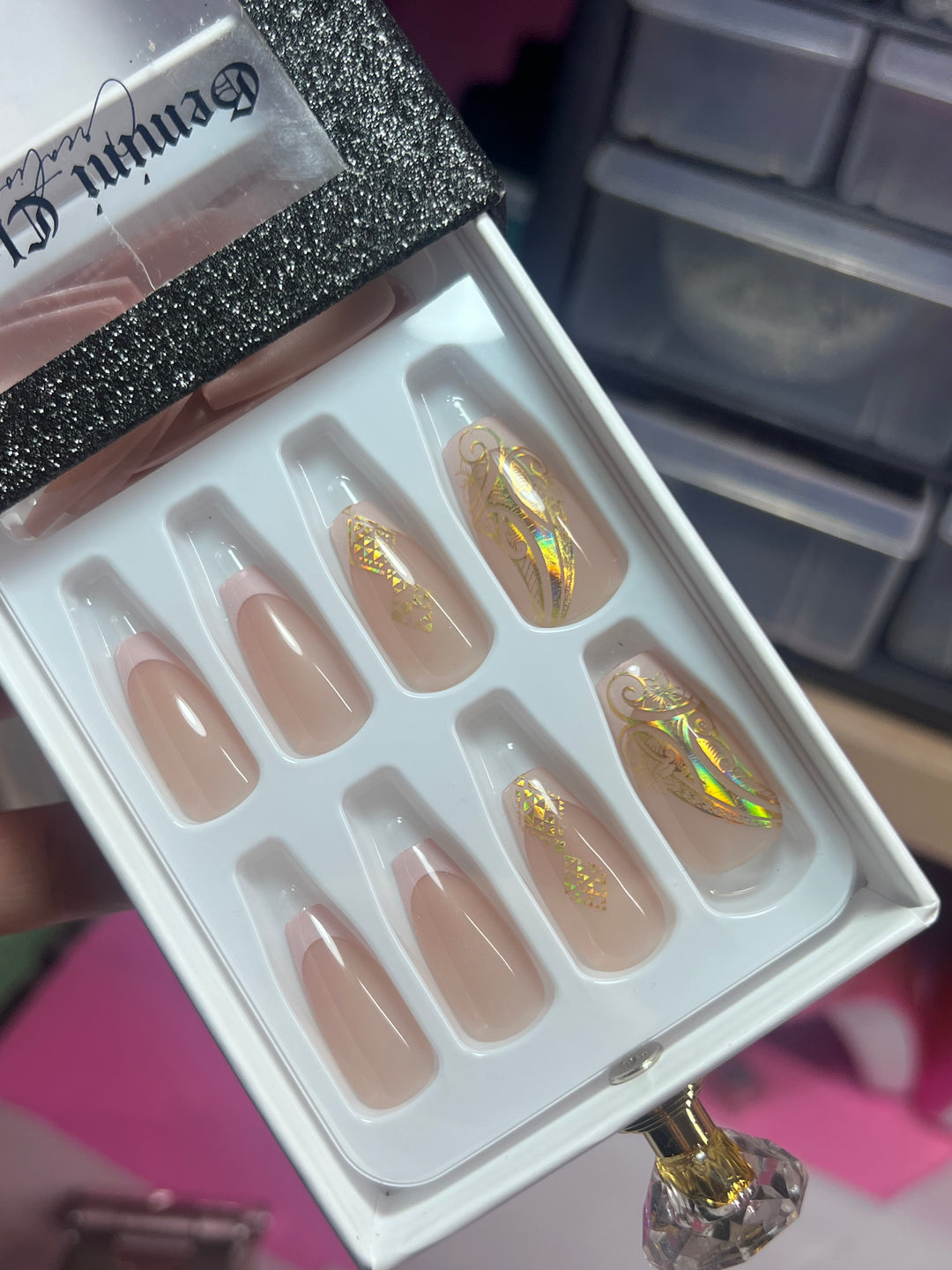 Beige French Tips Medium Length Coffin Shape Nails | Taniko Waru & Pualena Holographic Gold Designs