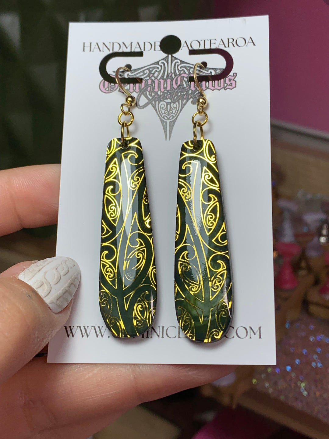 Faux Pounamu (Hand-painted) Medium Length Earrings with Gold Anamata Designs