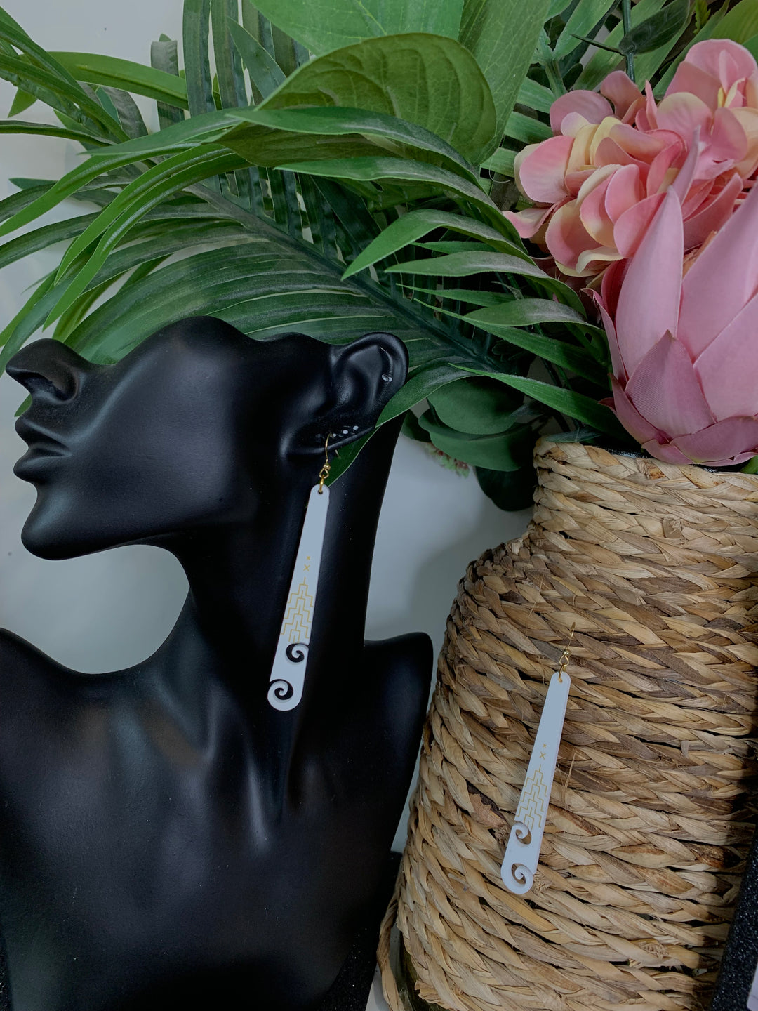 Poutama White Koru Earrings | Long