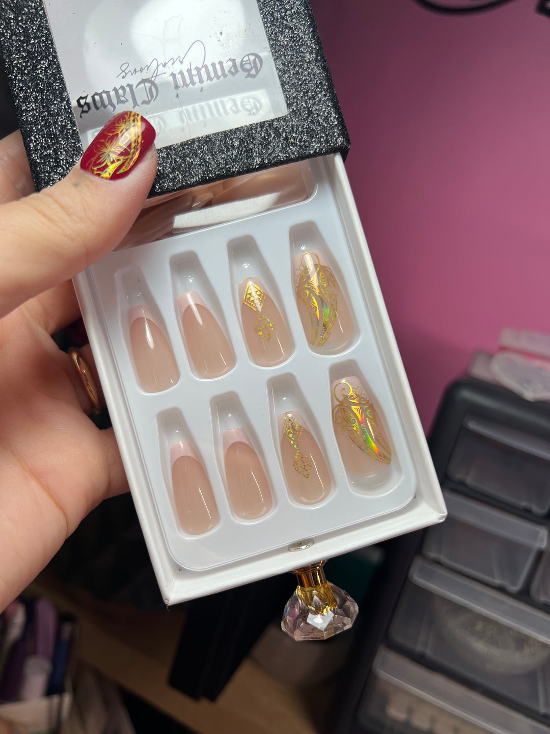 Beige French Tips Medium Length Coffin Shape Nails | Taniko Waru & Pualena Holographic Gold Designs
