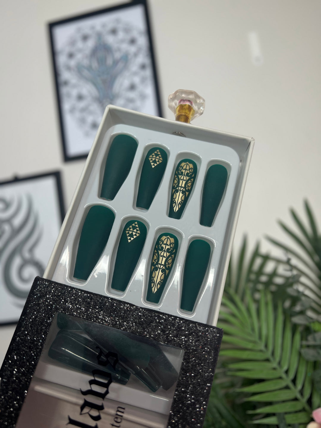 Green Long Coffin Shape Nails | Petite Te Pō Designs