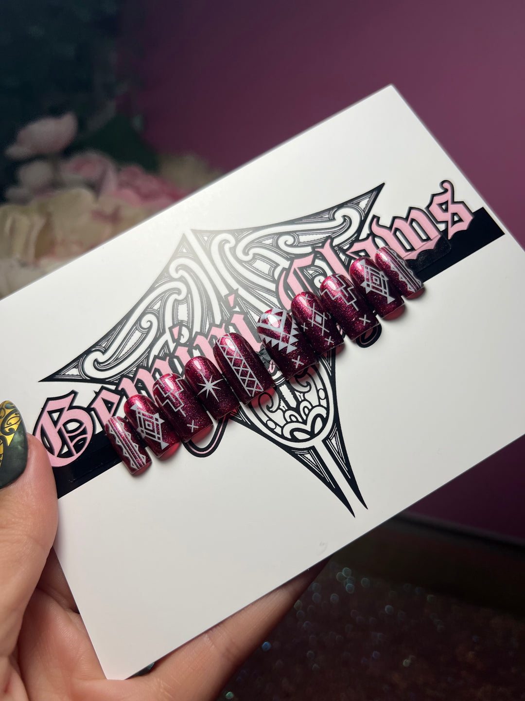 Matariki Tāniko (Unique Placement) | White | Choose Your Base Colour | Handmade Gel Press ons