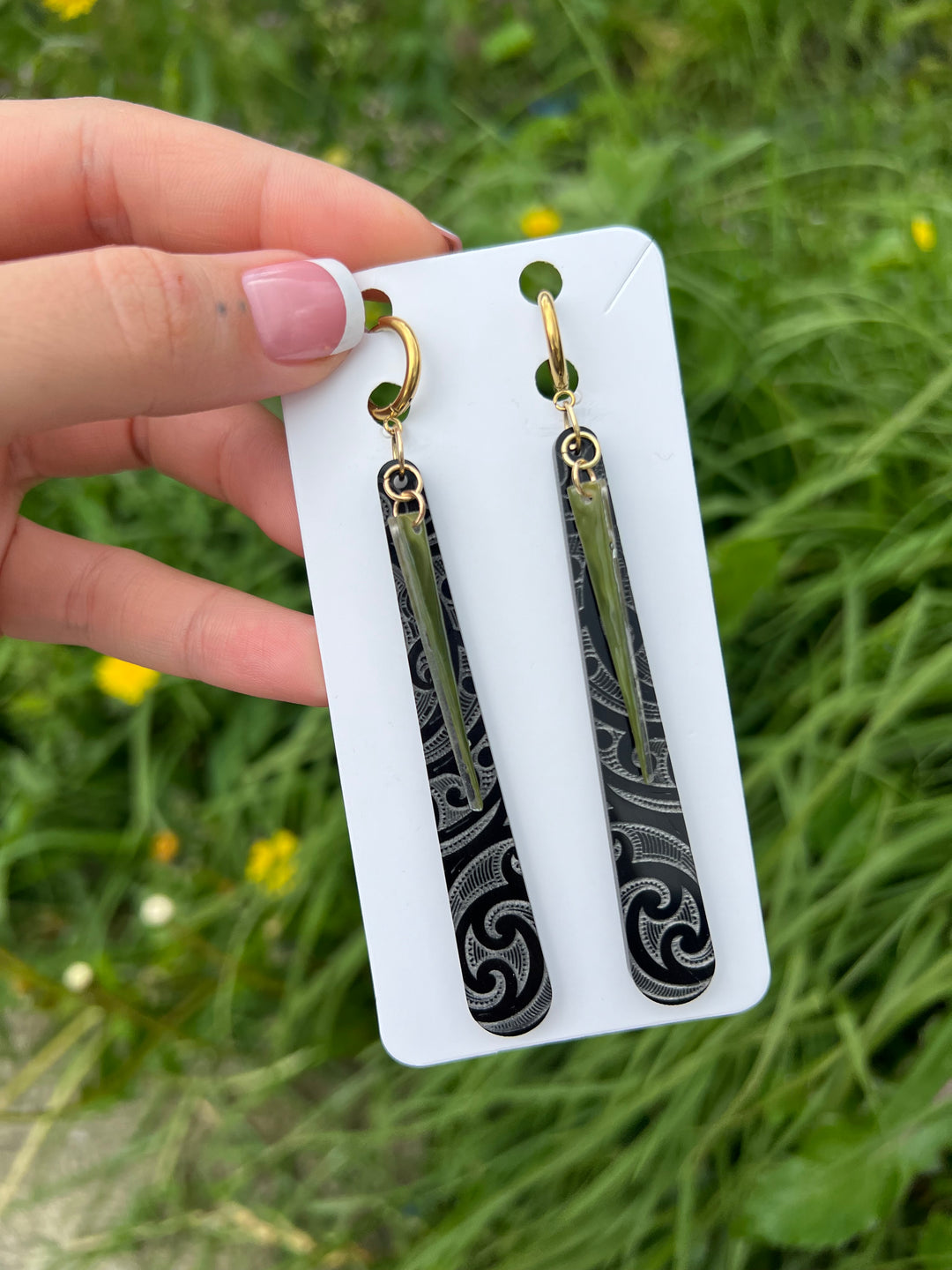 He Timatanga Hou | Layered Pounamu Charm| Black Base | Roimata iti | Long Earrings