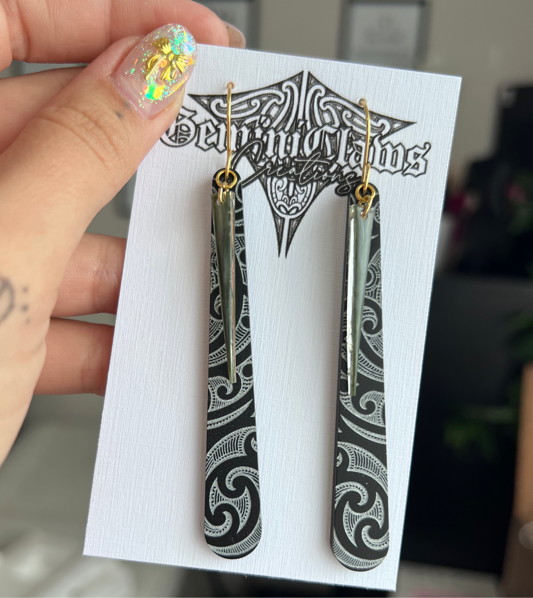 He Timatanga Hou | Layered Pounamu Charm| Black Base | Roimata iti | Long Earrings