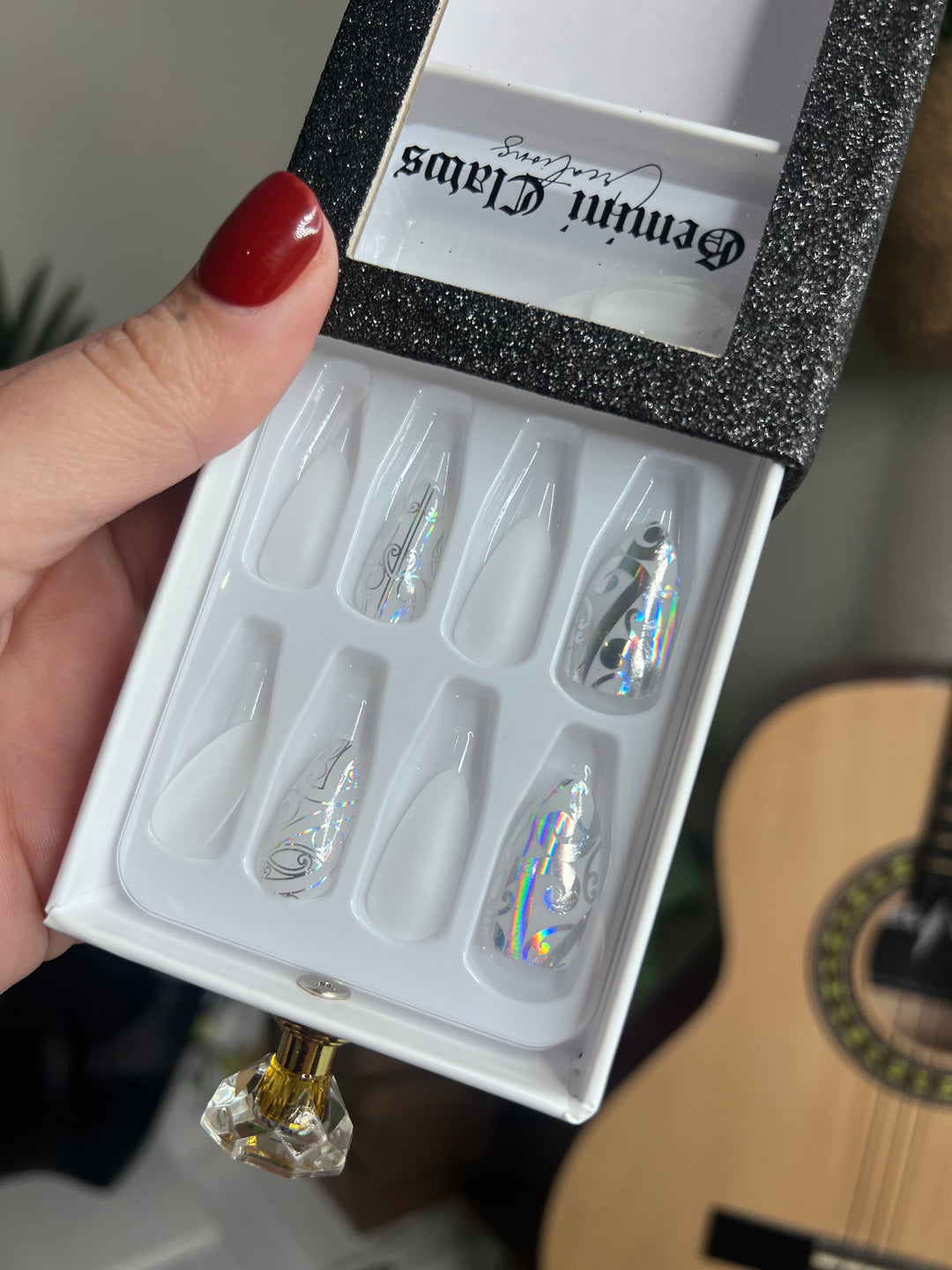 White Almond Nails & Holographic Māori Designs