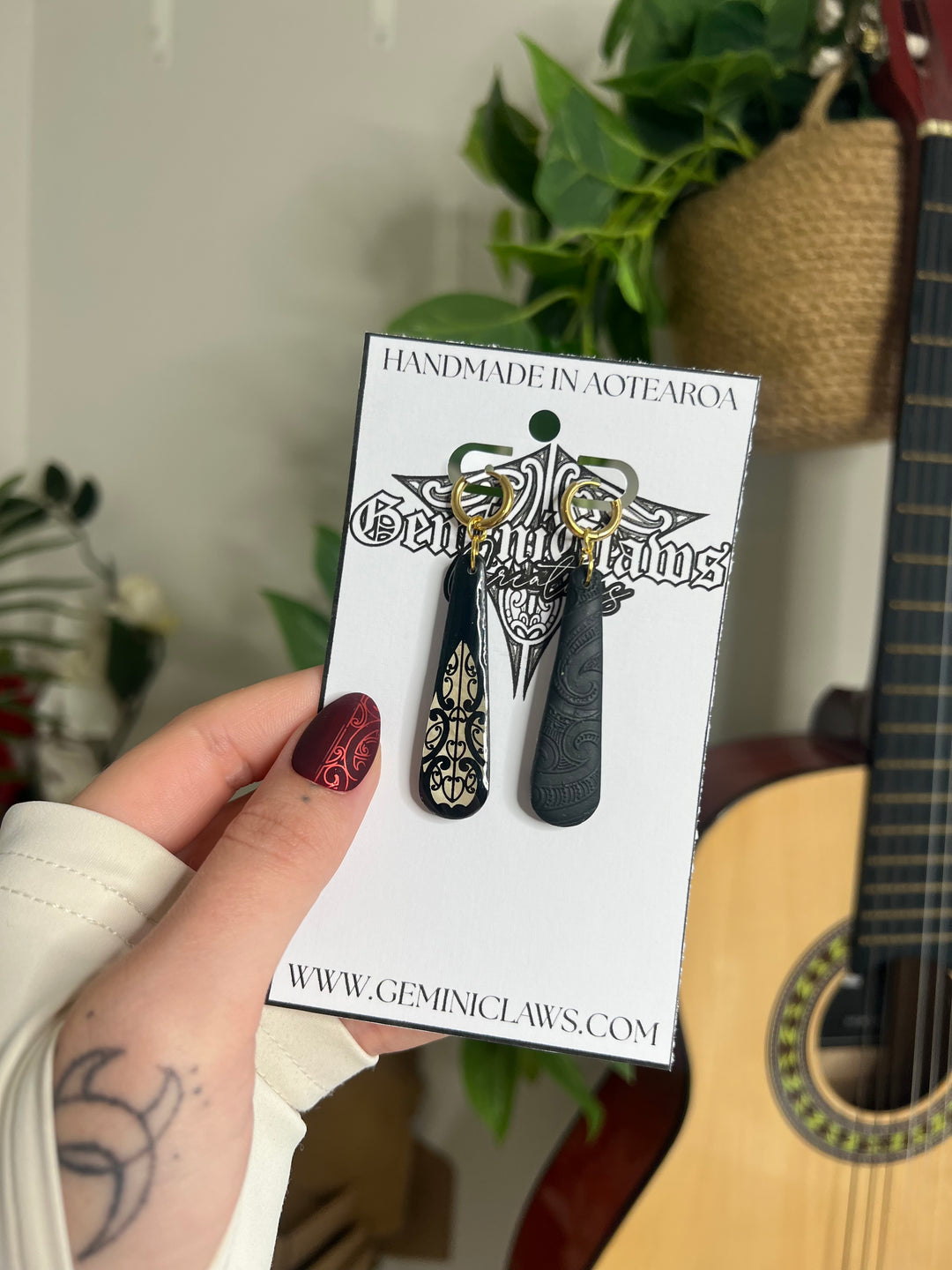 Black Petite Te Pō Roimata Huggie Earrings – Vanilla Design with Gold Finishings