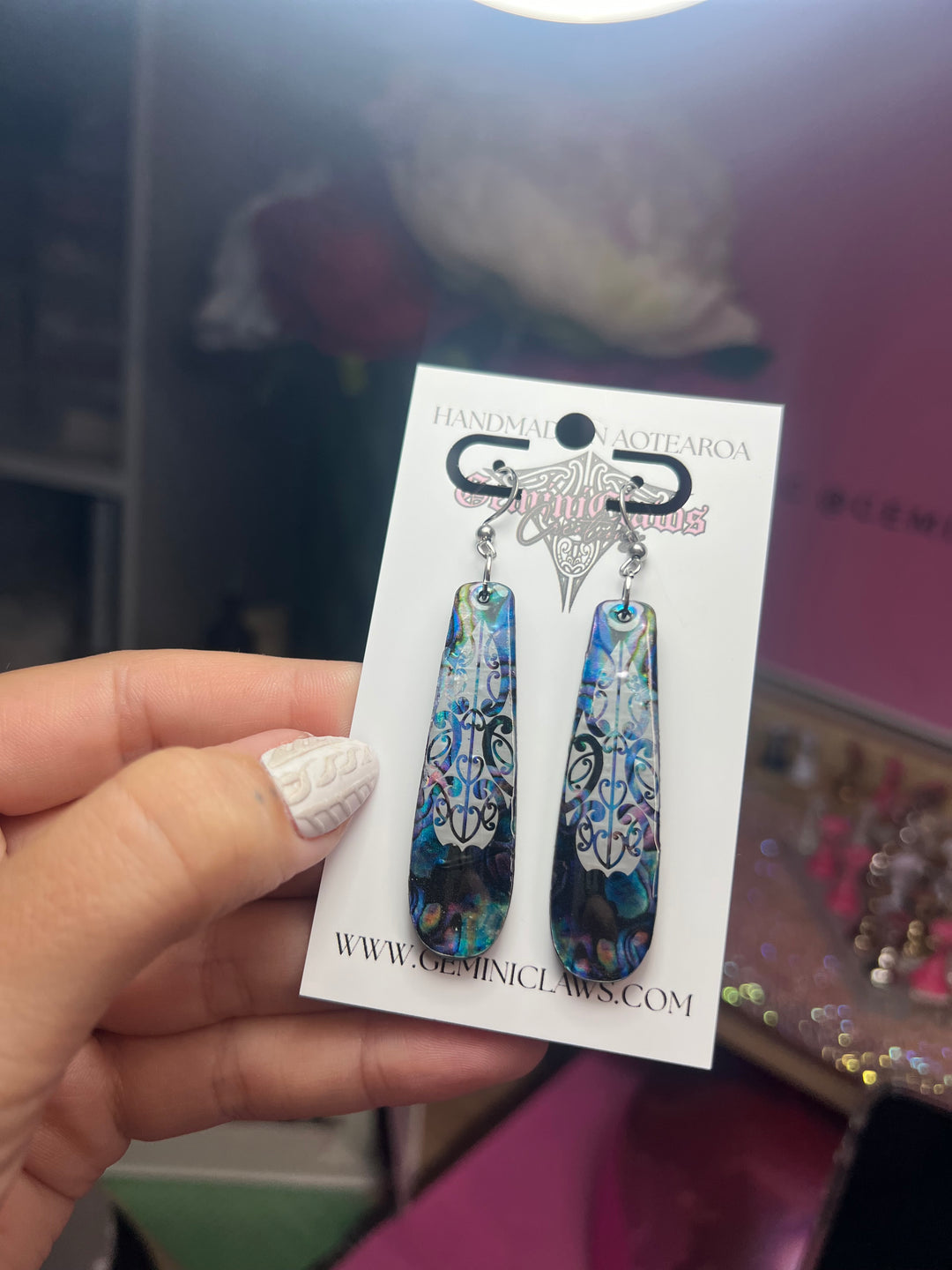 Faux Pāua (Hand-painted) Medium Length Earrings with Silver Designs