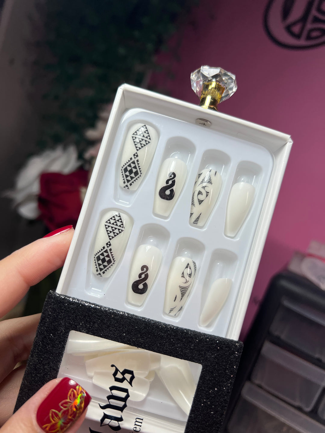 White Medium Length Coffin Shape Nails | Taniko Waru | Pikoru | Ngaru | Māori Designs
