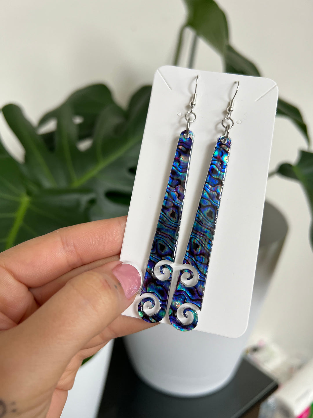 Koru cut out Purple Pāua Earrings | Long Earrings