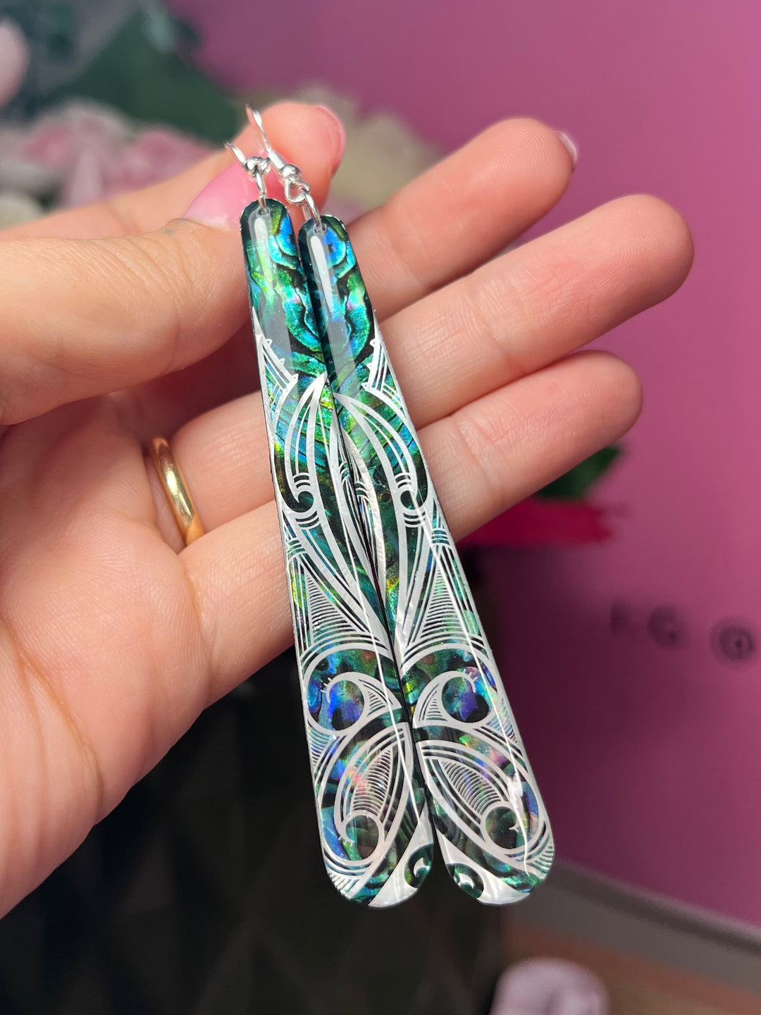 Teal Pāua Base | Te Mauri Huna Design - Silver | Double Sided