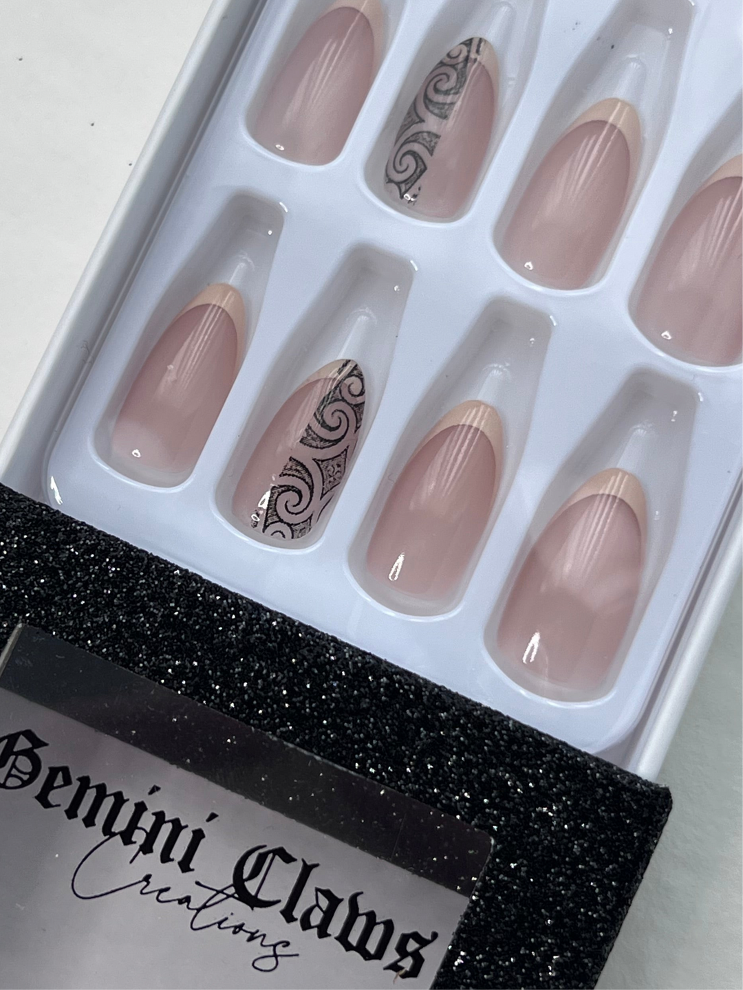 Beige French Tips | Black Designs | Medium Almond