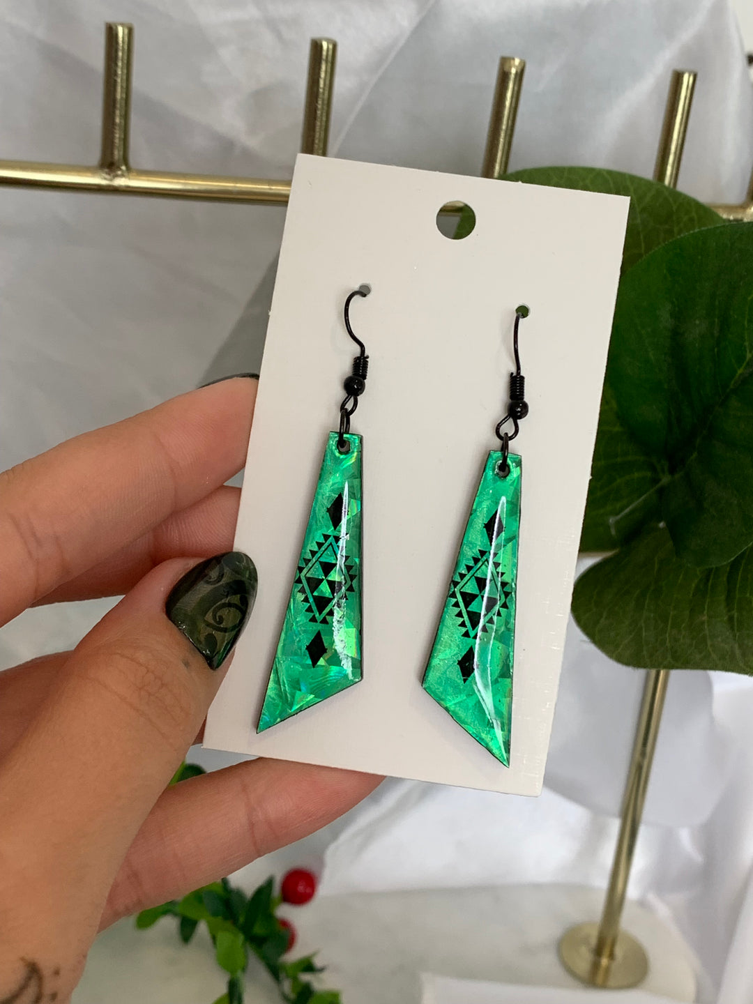 Ahurei Black Taniko Green Statement Earrings