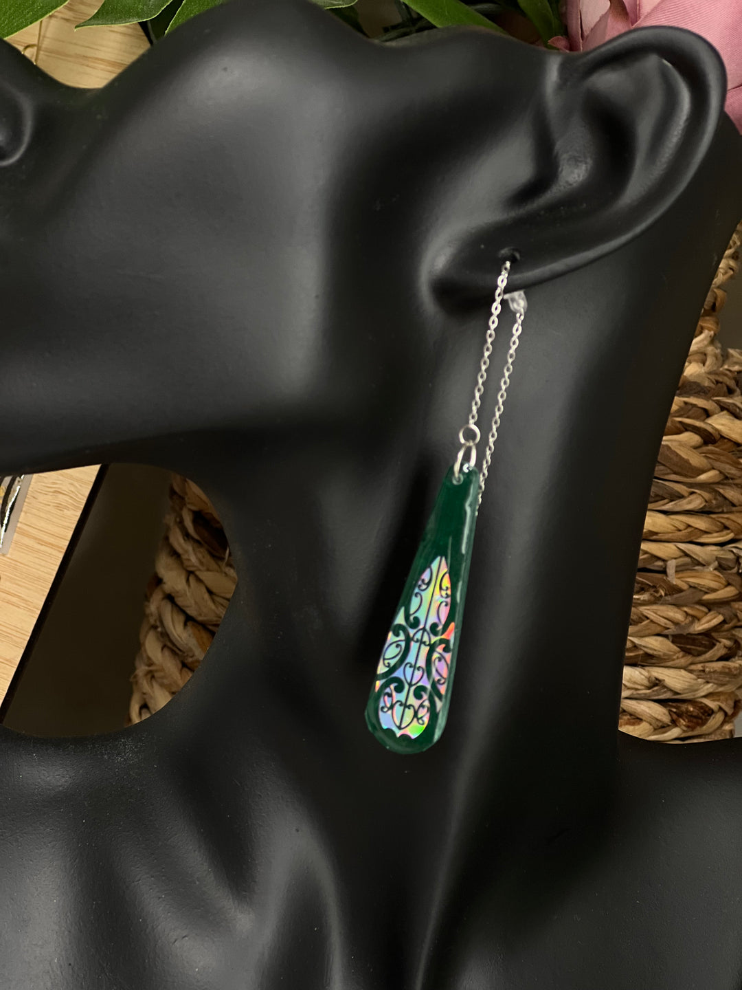 Iridescent Pounamu Design Chain Earrings | Deep Green Base with Silver Finishings