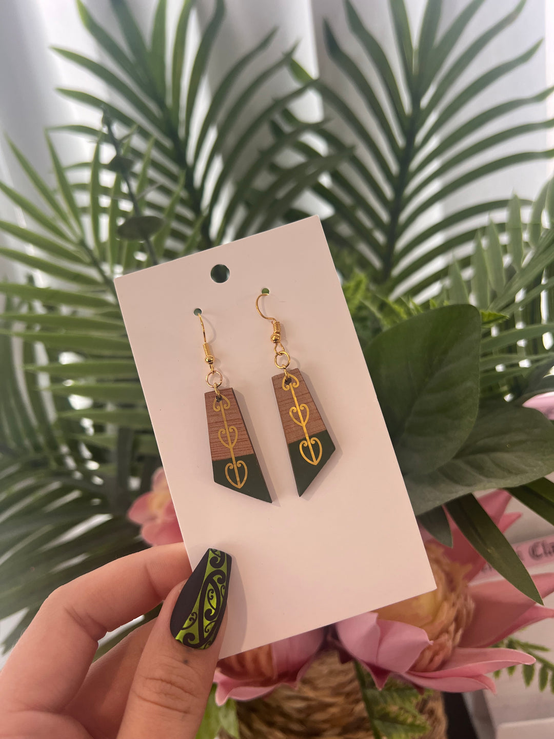 Mini Maori Design Earrings | Wood & Green | Gold Design