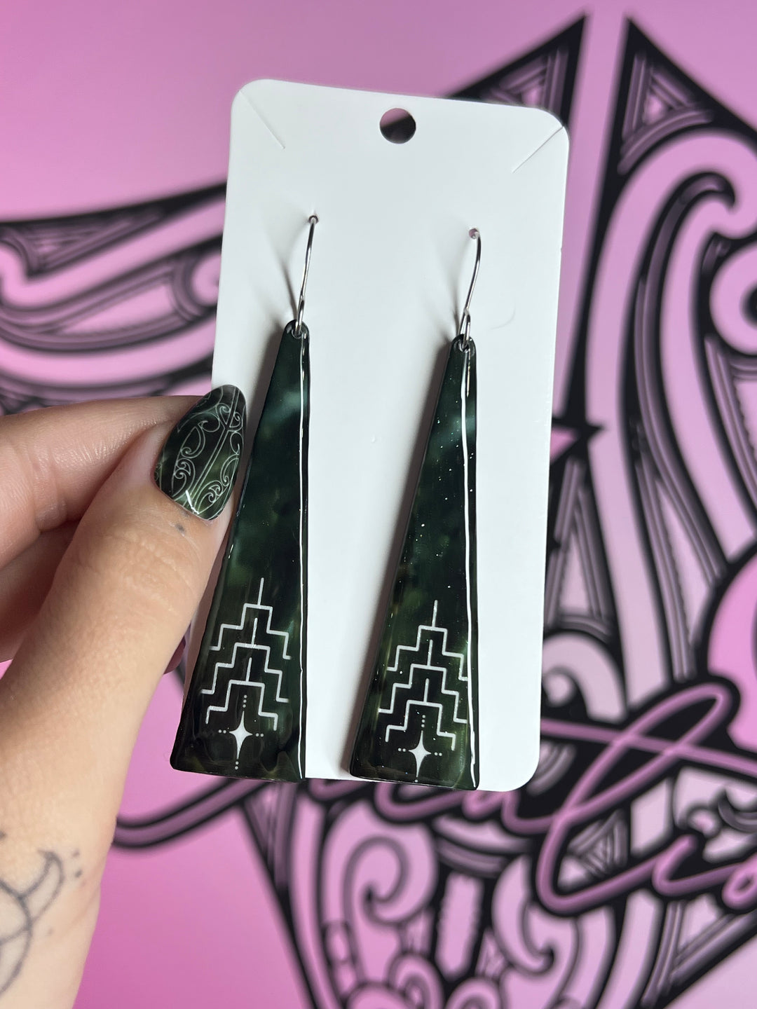 Dark Pounamu Pounamu Poutama Earrings (Toki Long)