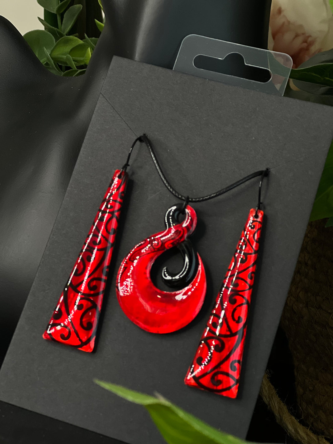 Black & Red | Pikoru Pendant | Large Earrings Set