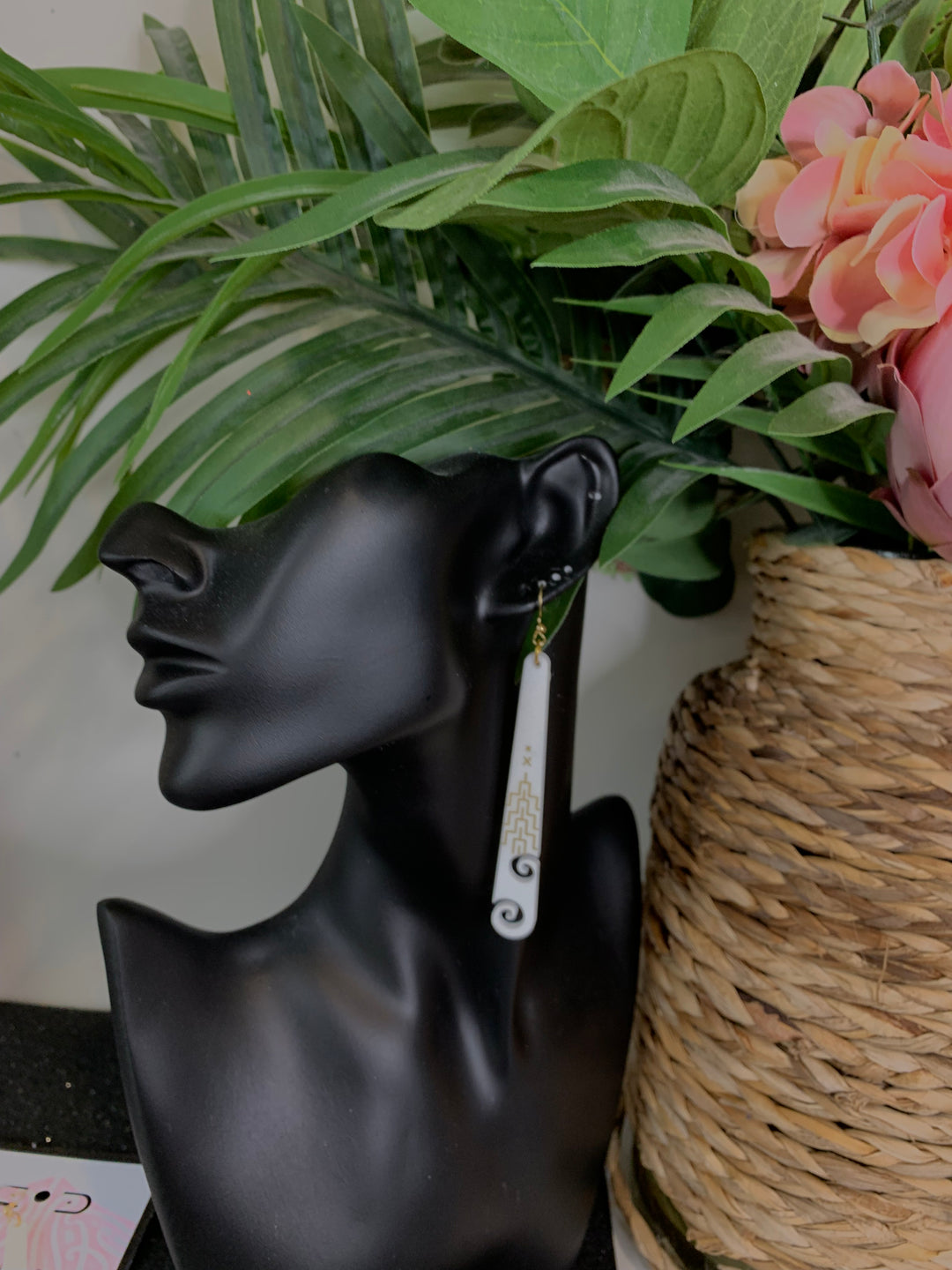 Poutama White Koru Earrings | Long