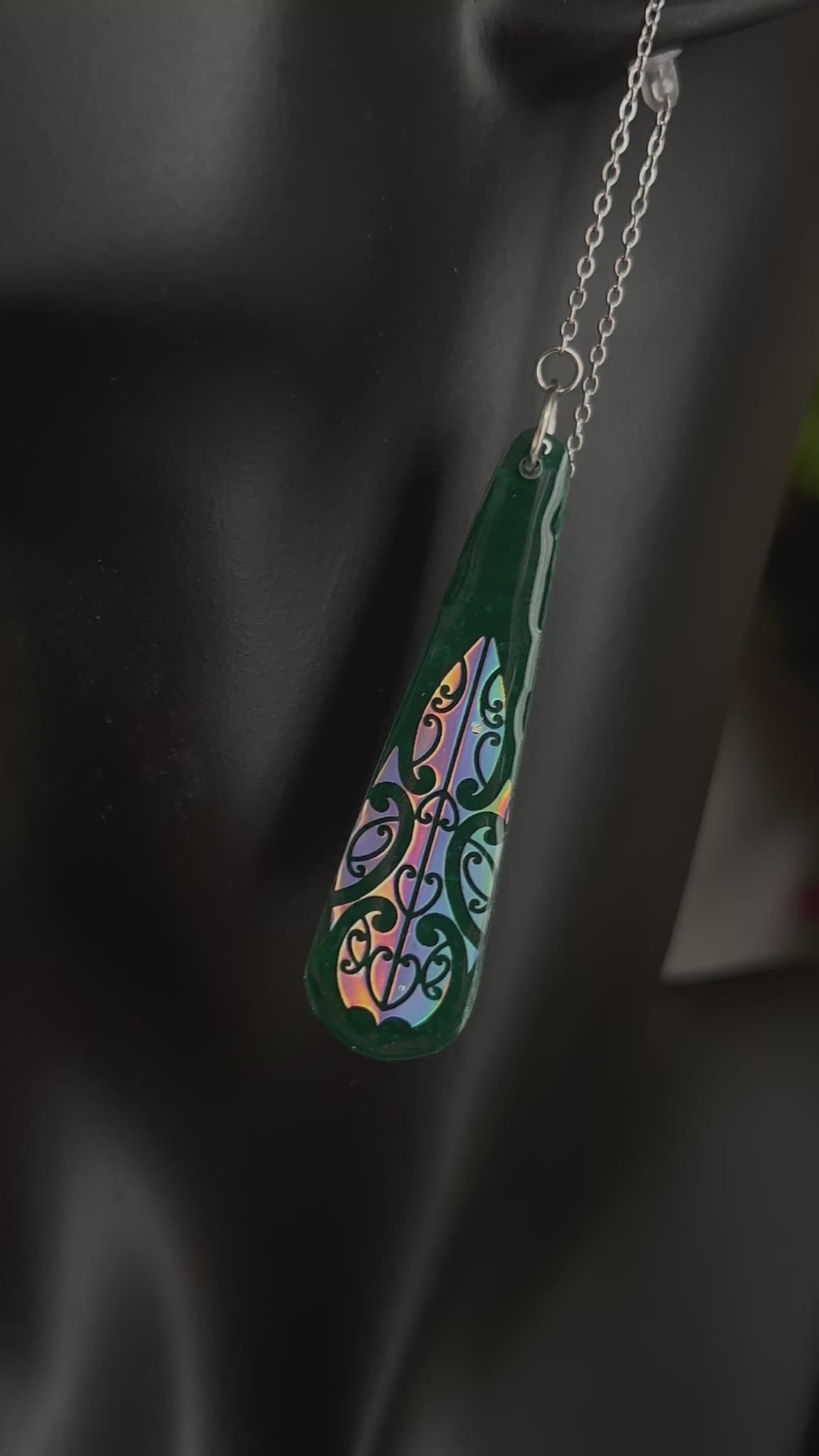 Iridescent Pounamu Design Chain Earrings | Deep Green Base with Silver Finishings